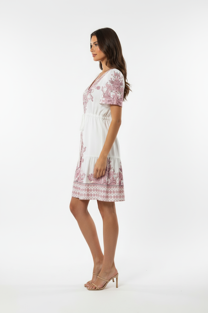 Hazel Embroidered Print Dress in Pink and Claret