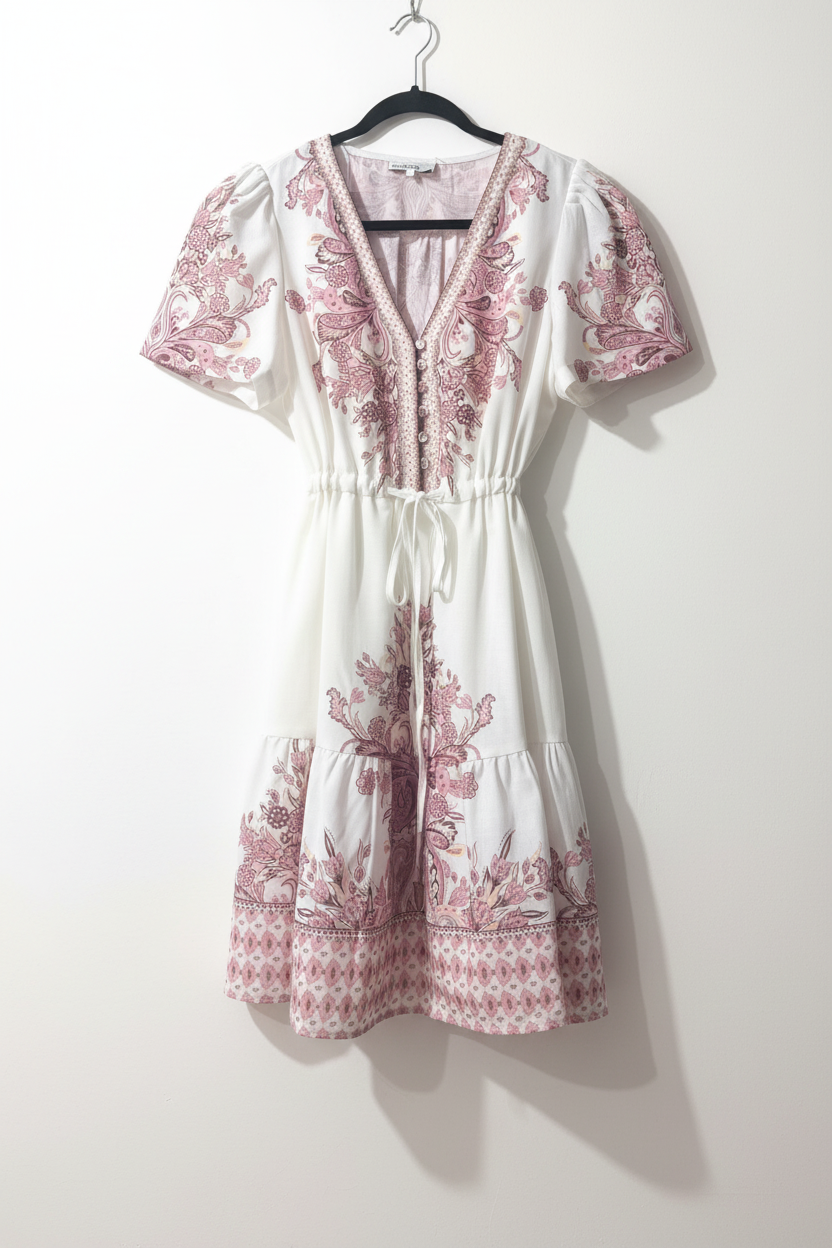 Hazel Embroidered Print Dress in Pink and Claret