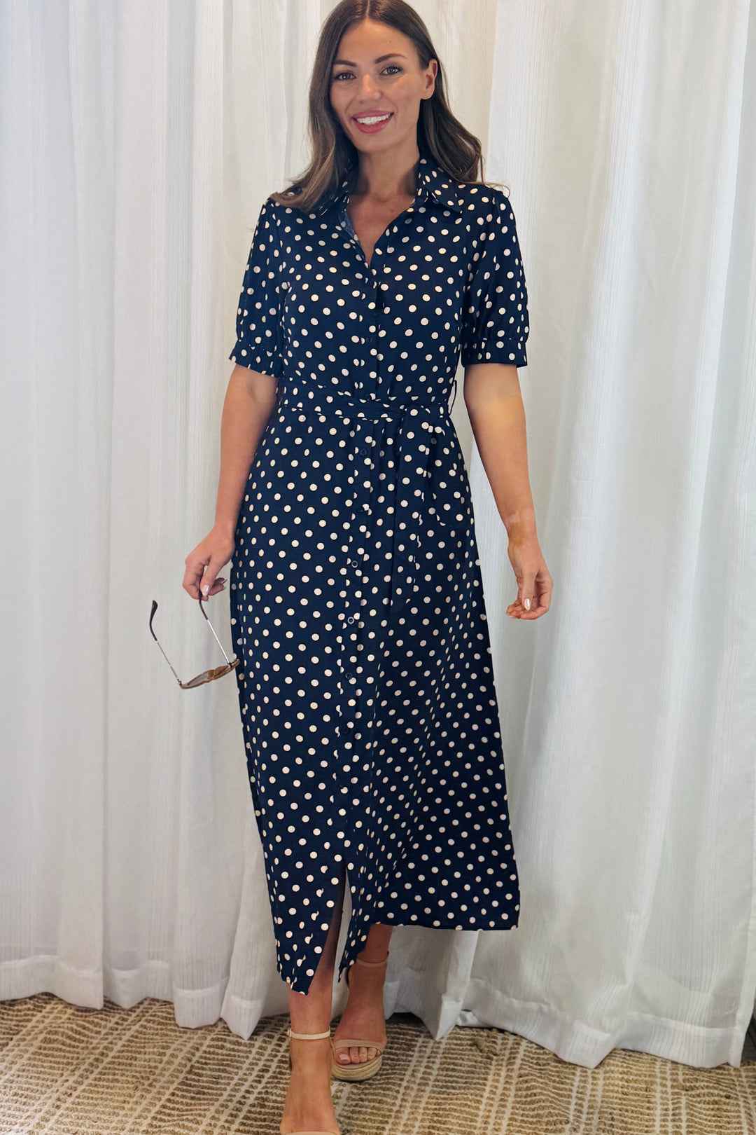 Tamika Spot Dress In Navy And Beige