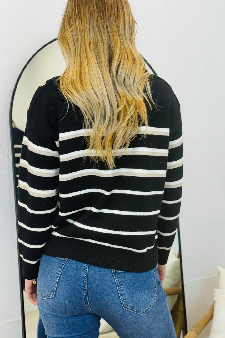 Carley Knit Top in Black and White Stripe with Gold Buttons