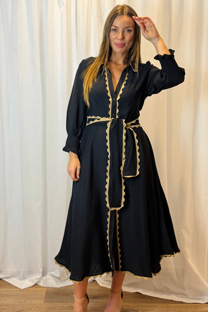 Shyla Midi Dress In Black With Tan Detail