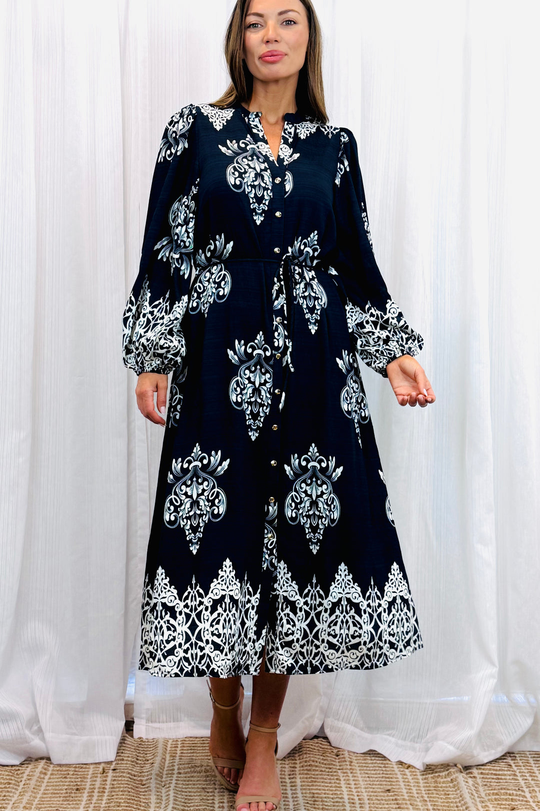 Mina Black Multi Print Dress With Off White Print