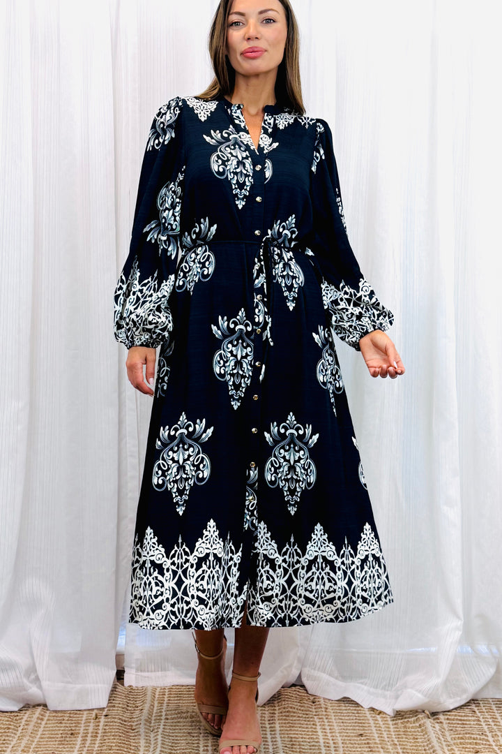 Mina Black Multi Print Dress With Off White Print