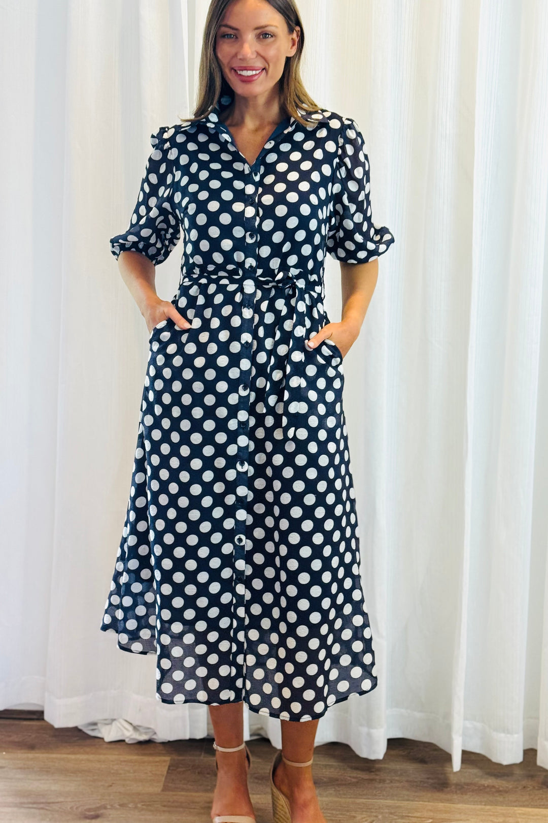 Fallon Shirt Dress In Navy and White Polka Dot-New Print