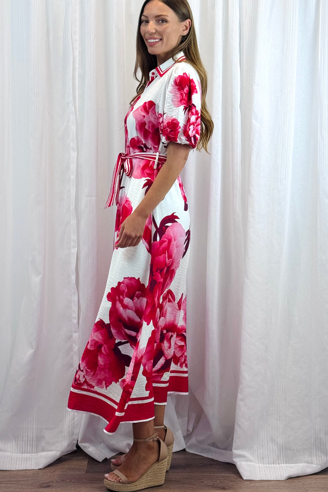 Natalia Maxi Dress in White Red and Pink Print