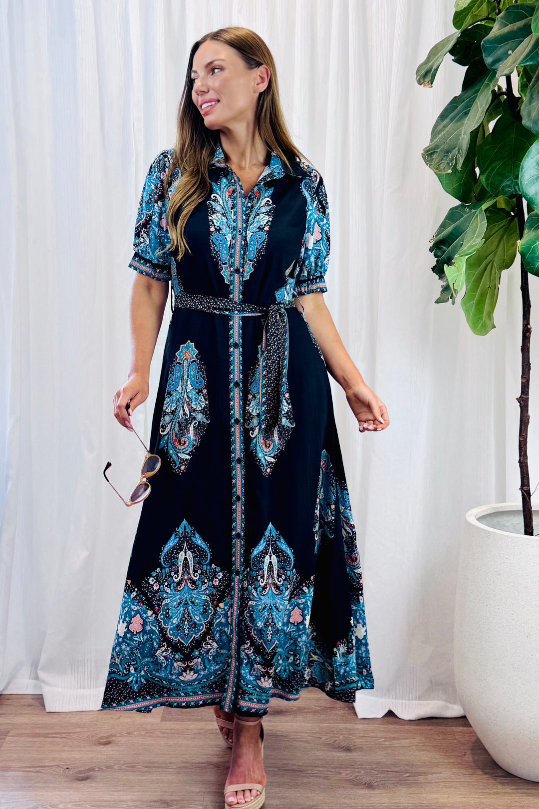 Gidget Shirt Dress in Black and Blue Print
