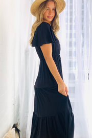 Santorini Short Sleeve Midi Dress in Black