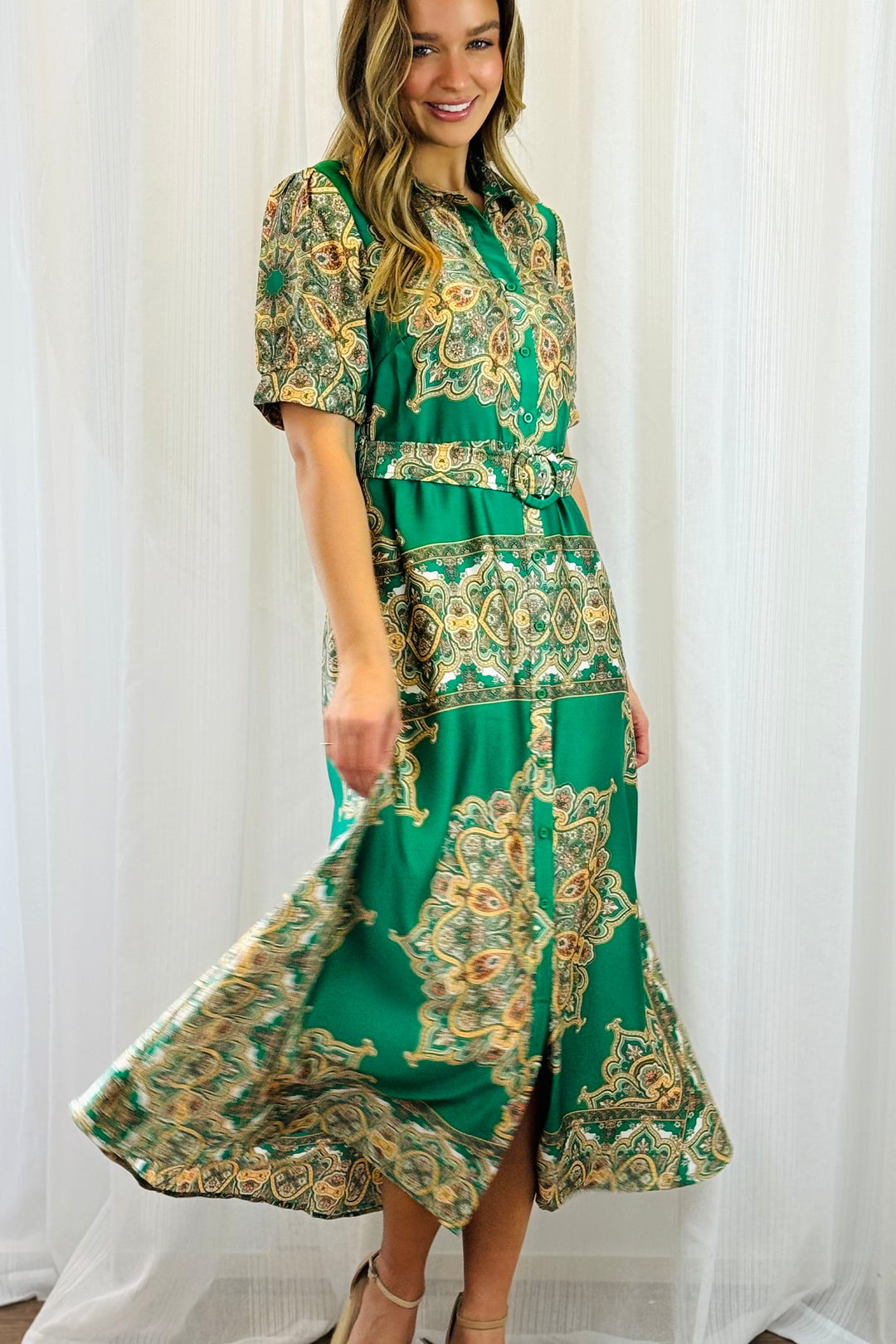 Angelina Embroidered Print Dress in Green