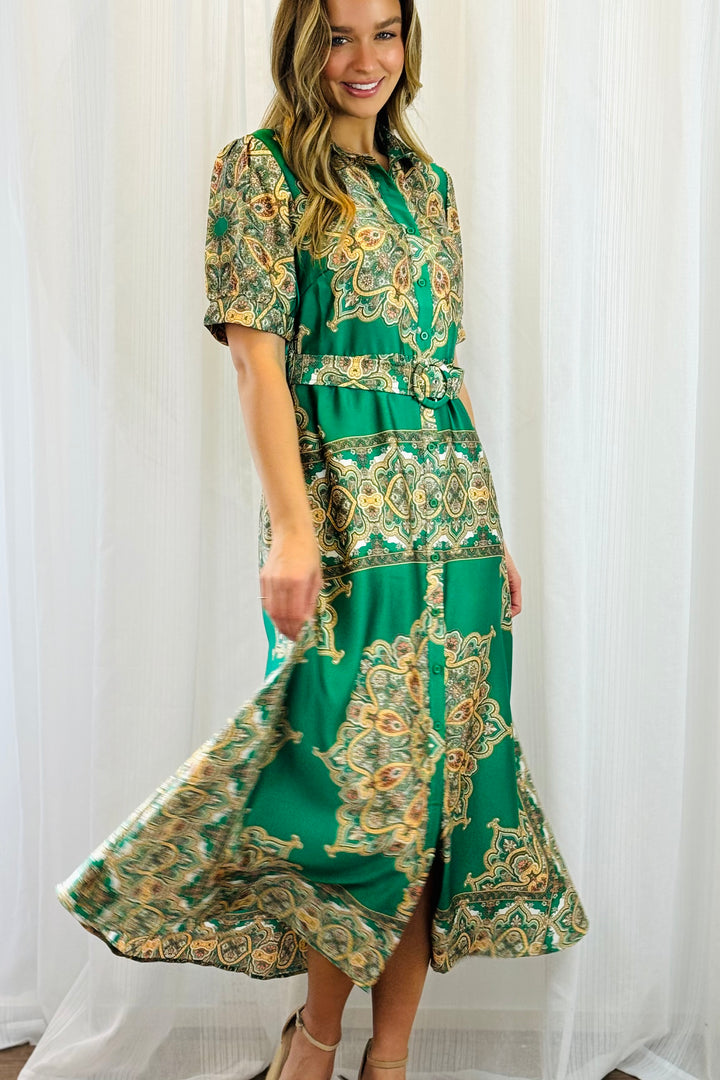 Angelina Embroidered Print Dress in Green