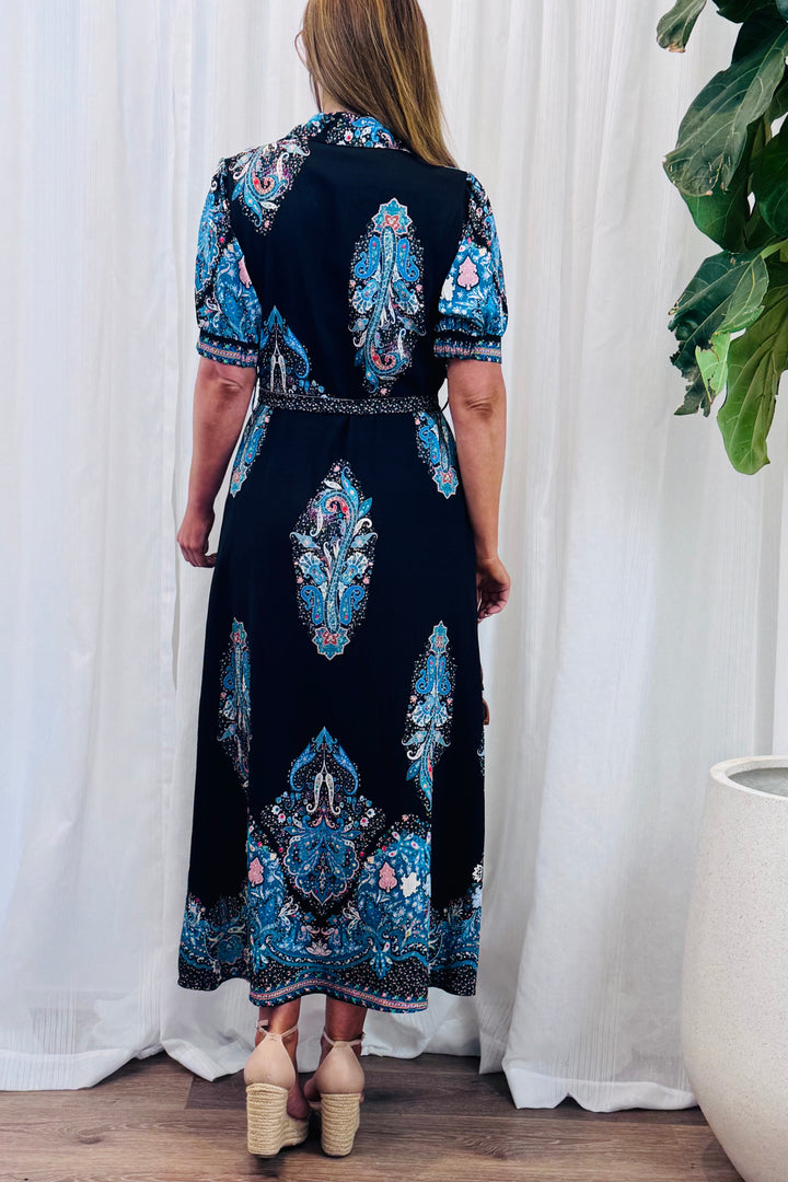 Gidget Shirt Dress in Black and Blue Print