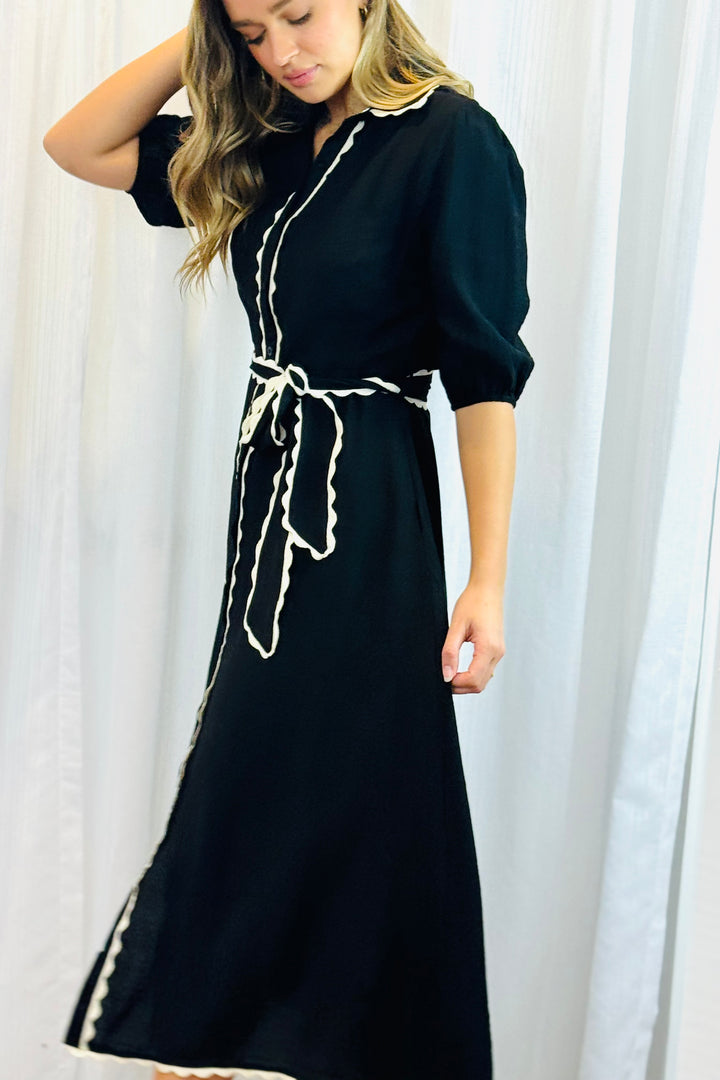 Shyla Shirt Dress in Black With White Trim