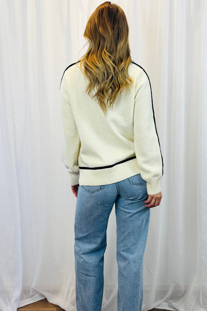 Angie High Neck Knit in Cream With Black Detail