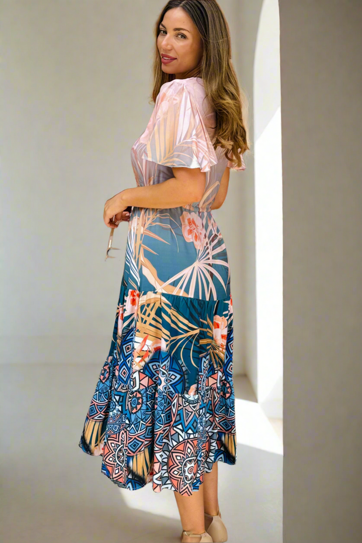 Sorrento Multi Print Midi in Apricot and Blue