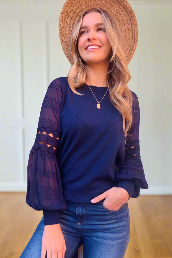 Molli Knit Top Detailed Sleeve  in Navy