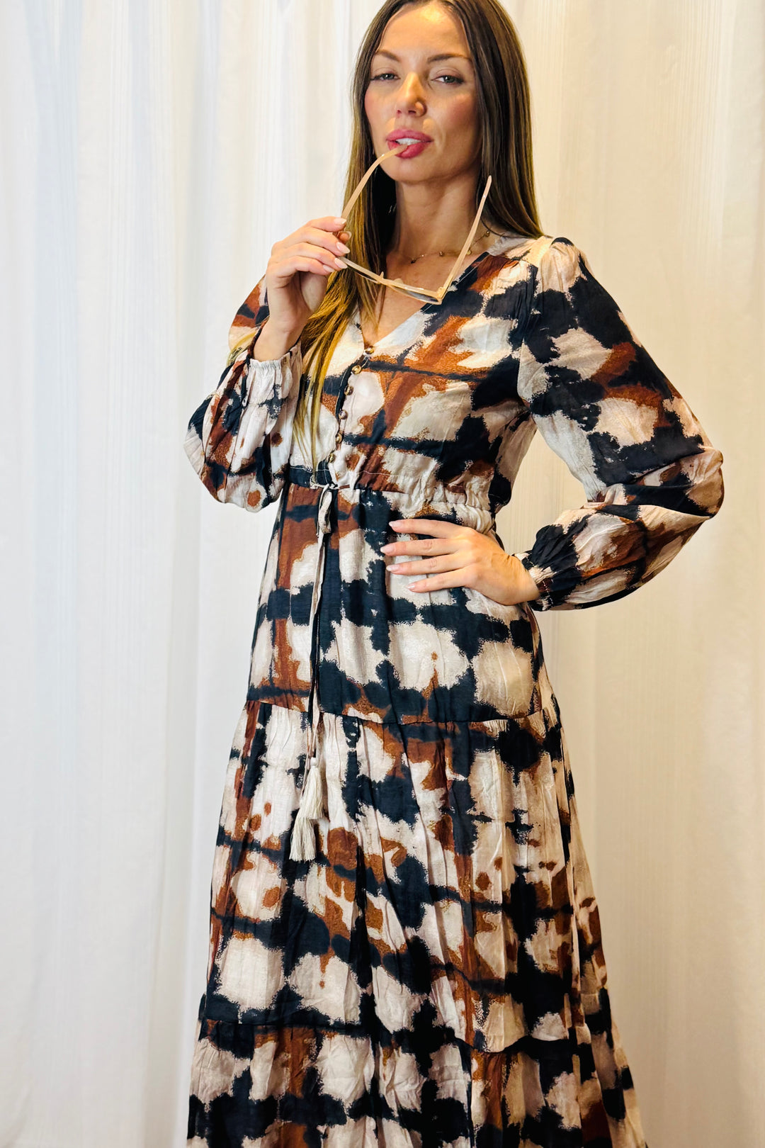 Macey Black and Beige Multi Print Dress