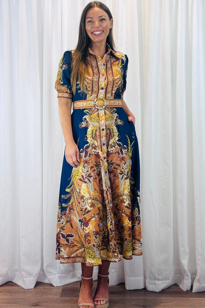 Marilyn Embroidered Print Maxi Dress in Navy.