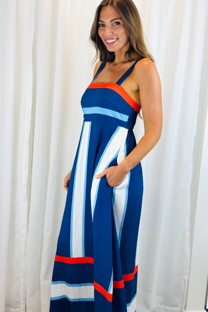 Yasmin Blue, White And Orange Stripe Midi