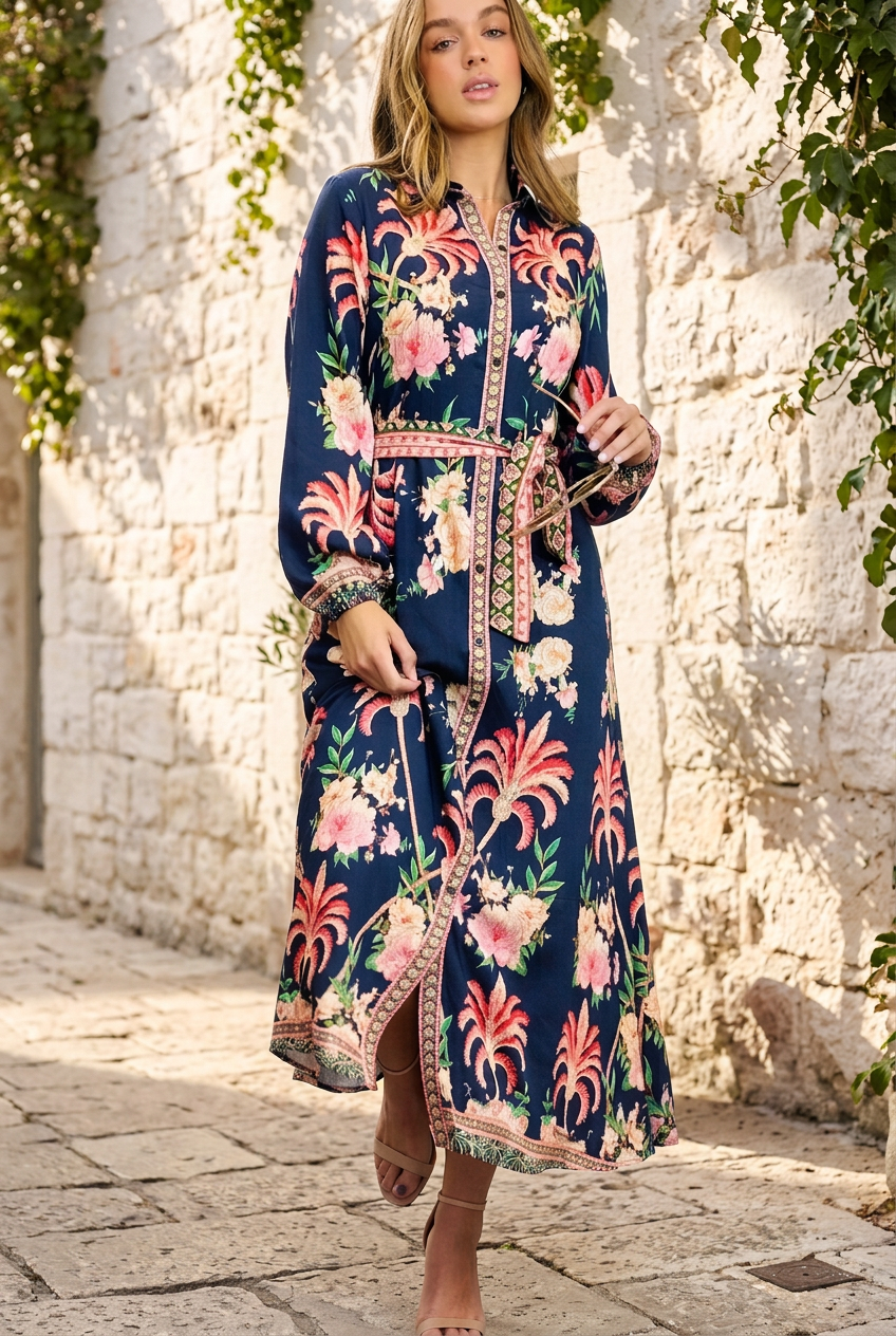 Maddison Long Sleeve Maxi Dress in Navy Print