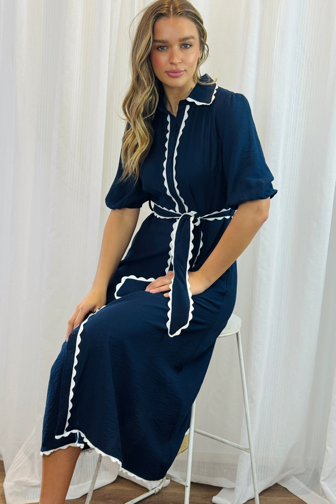 blue dress with white trim Laney Cutout Back Ruffle Trim Dress Hail Spot Texture Baby Blue