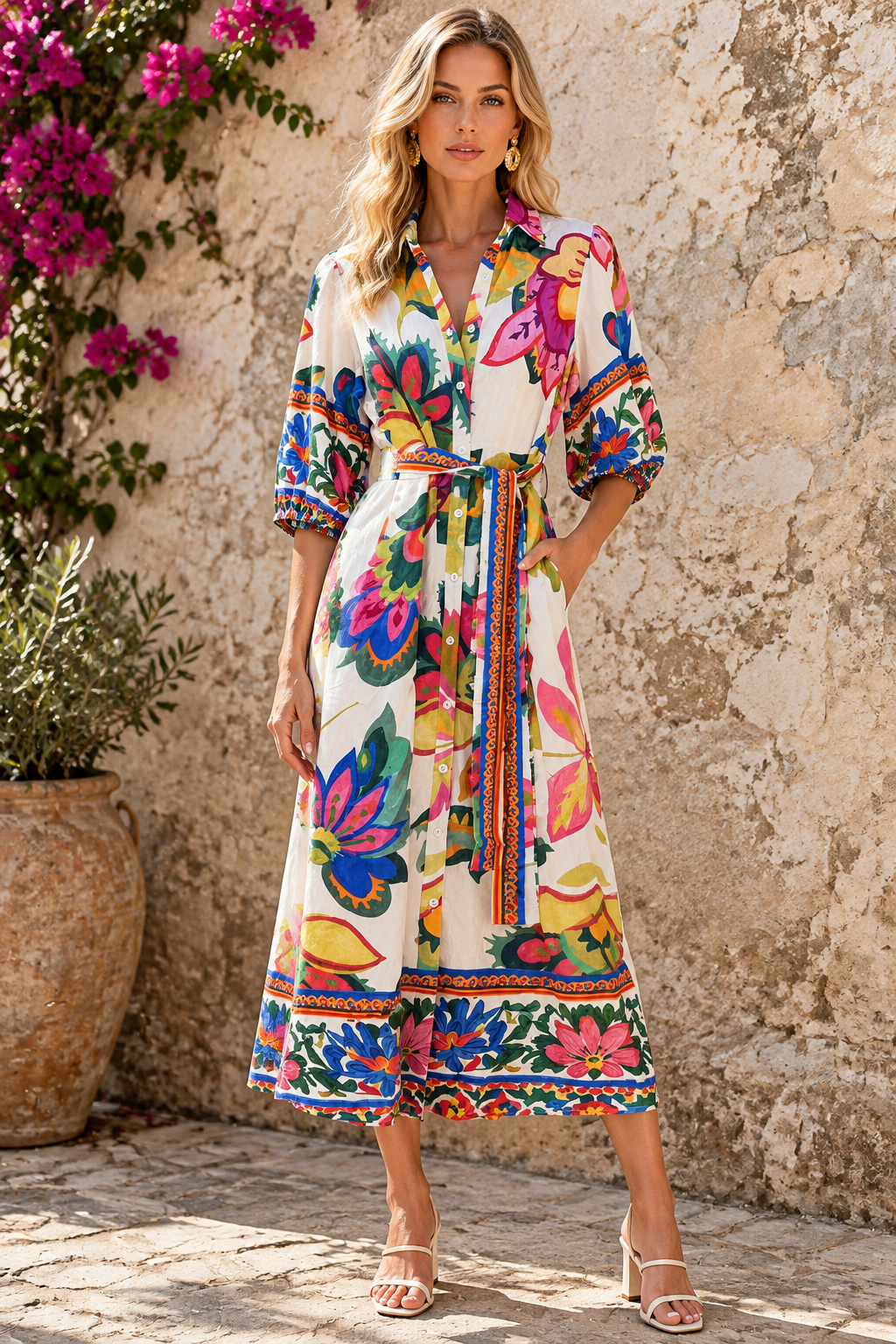 Jemma Floral Shirt Dress in Off White