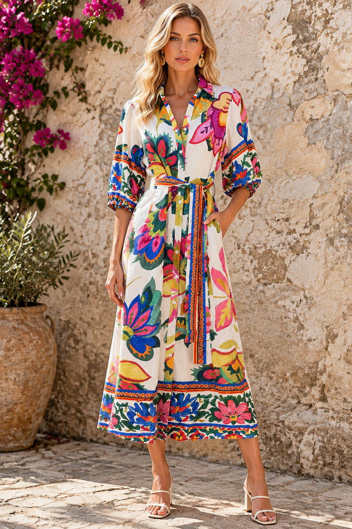Jemma Floral Shirt Dress in Off White