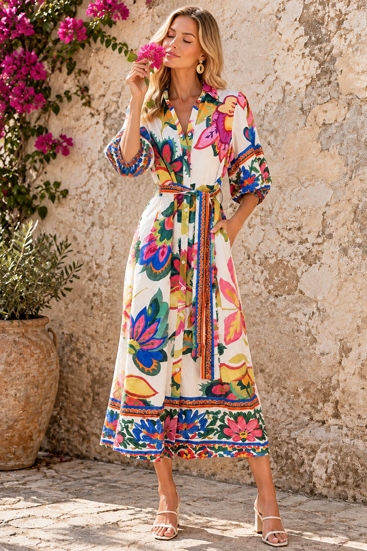 Jemma Floral Shirt Dress in Off White