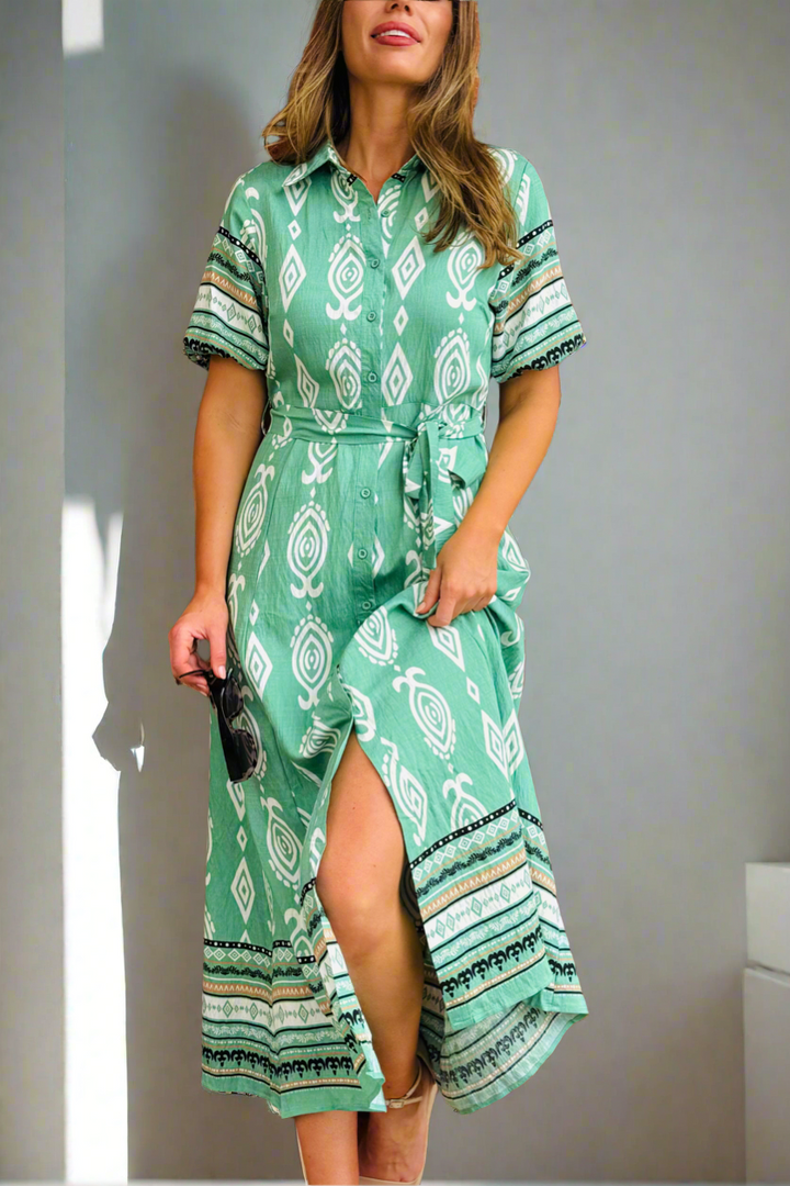 Erica Shirt Dress in Green  Batik Print