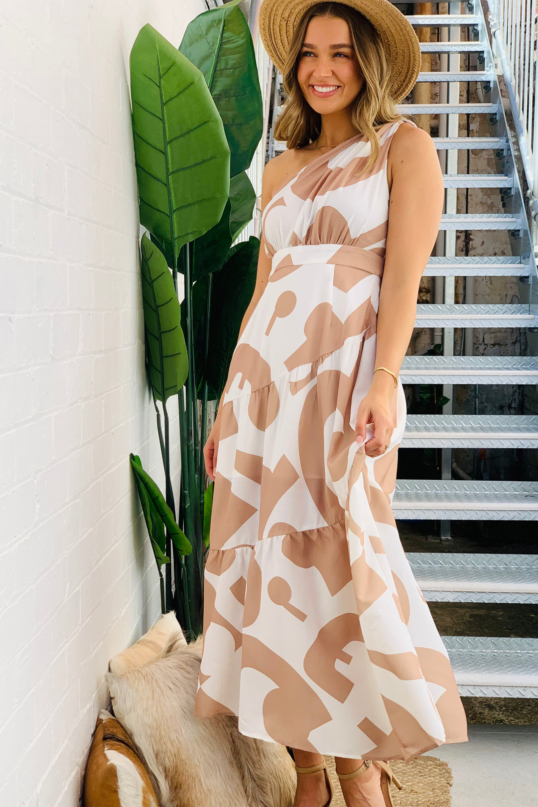 Yasmin One Shoulder Midi  Dress in nude print