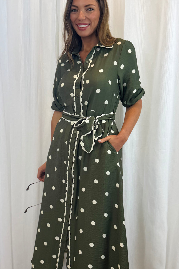 Shyla Polka Dot Dress in Khaki