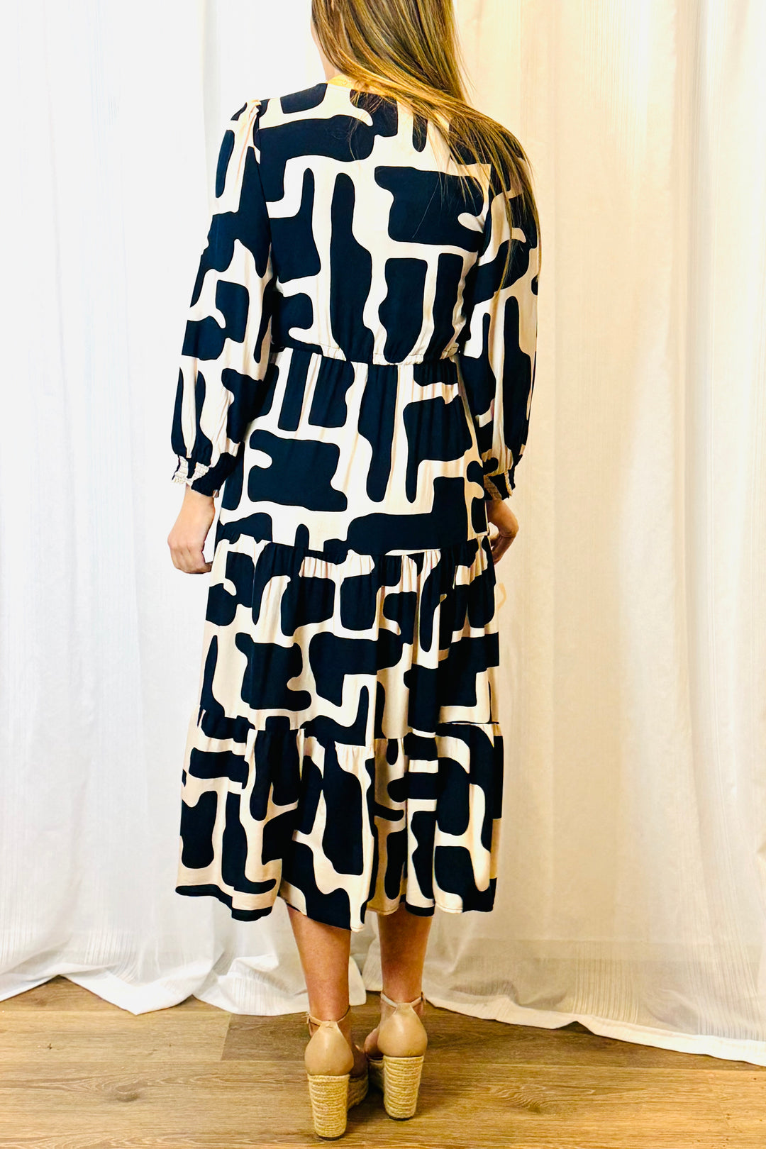 Santorini in Nude and Navy Long Sleeve Dress