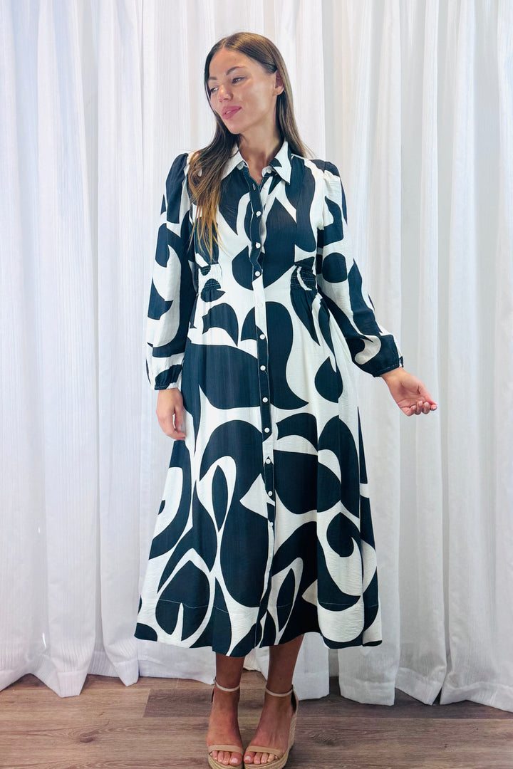 Tonia Shirt Dress in Black and Off White Multi Print