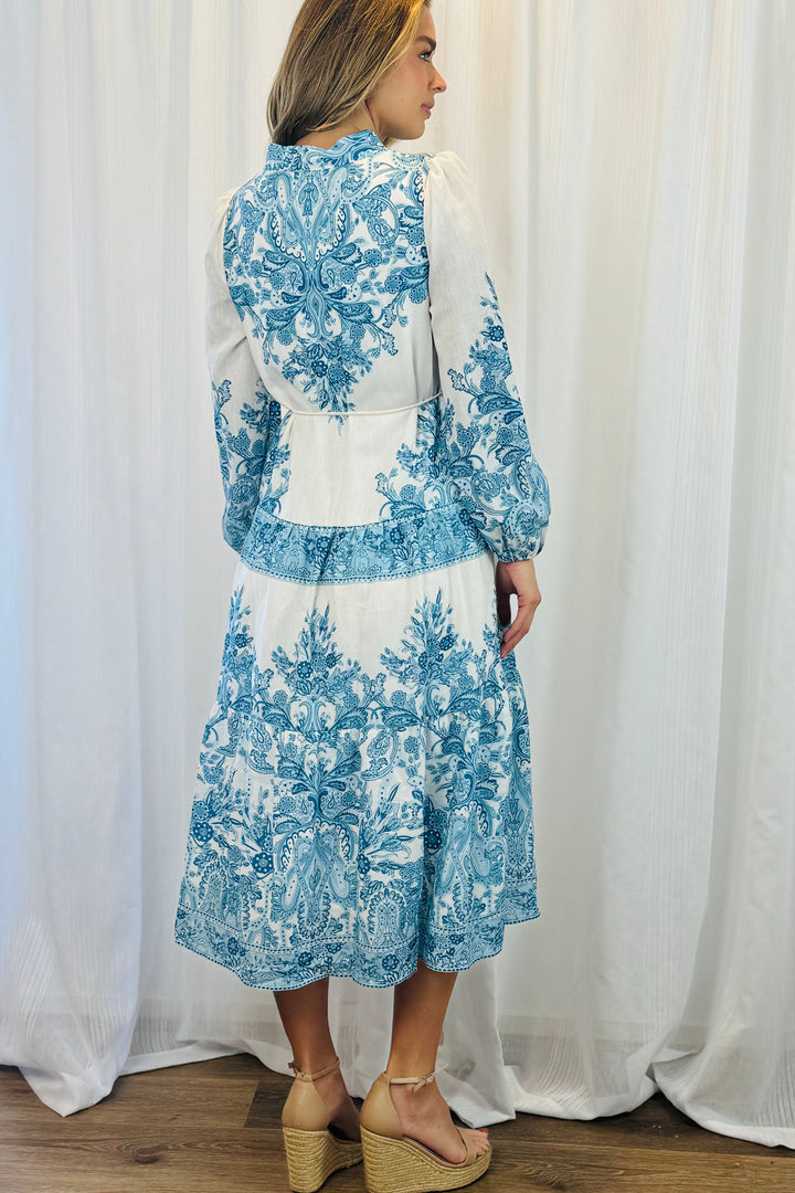 Sabrina Off White and Blue Print Midi Dress