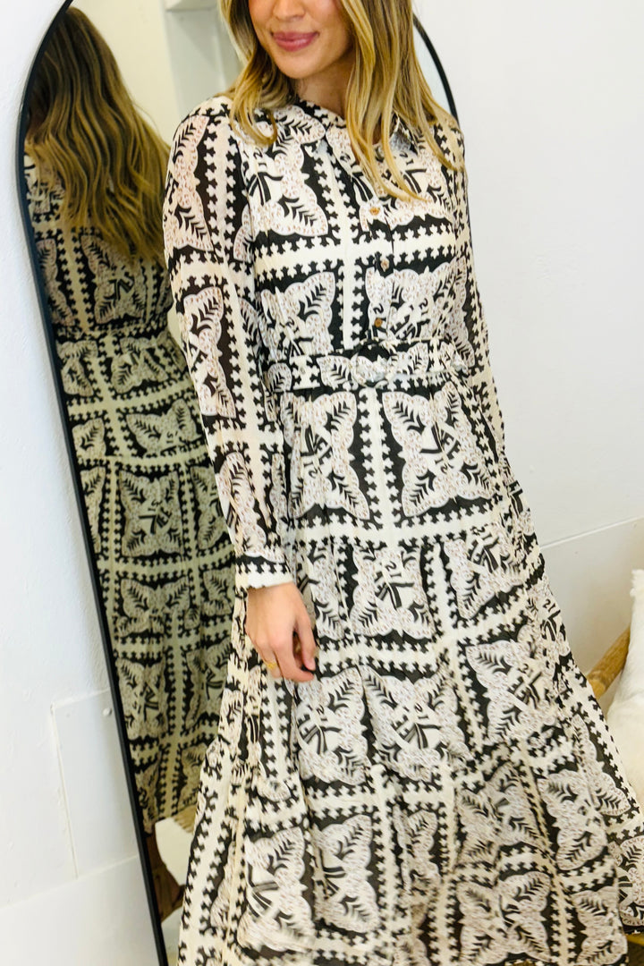 Amaya Long Sleeve Maxi Dress in Black and Cream Print