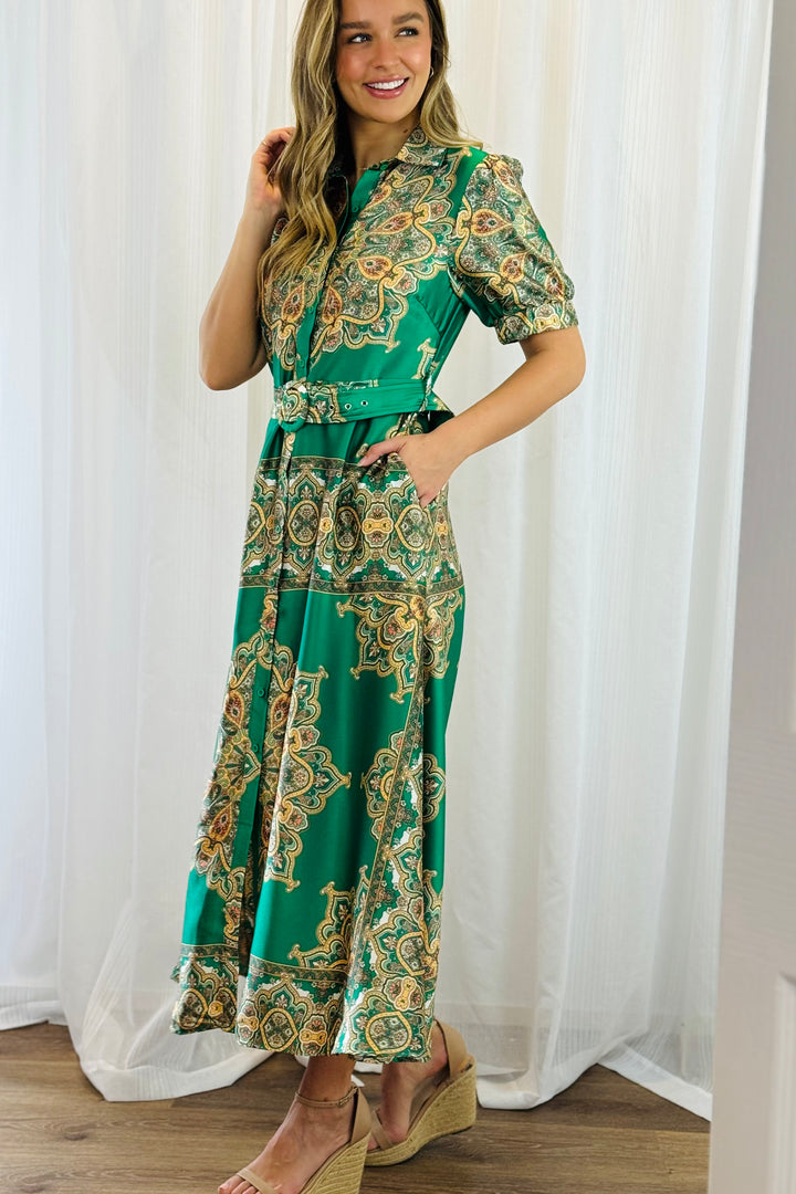Angelina Embroidered Print Dress in Green
