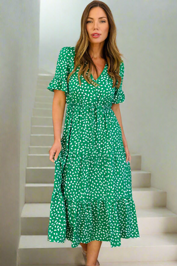 Jeannie Midi Dress  in Apple Green and White- Restocked