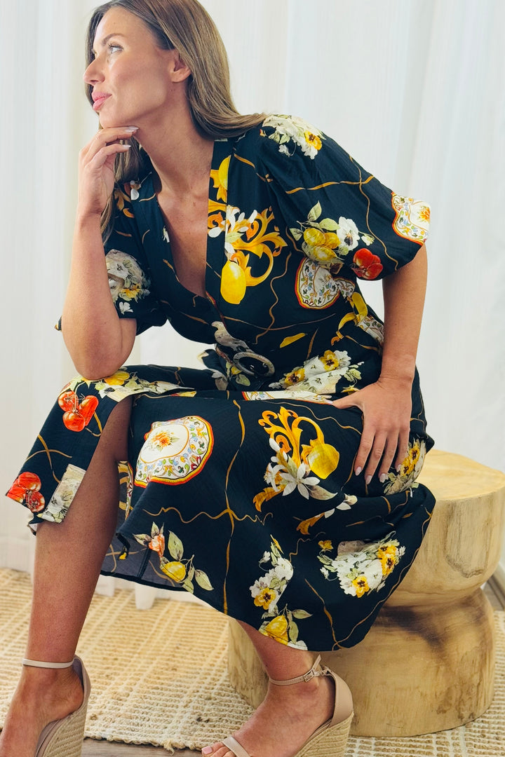 Giulia Lemon Print Dress in Black