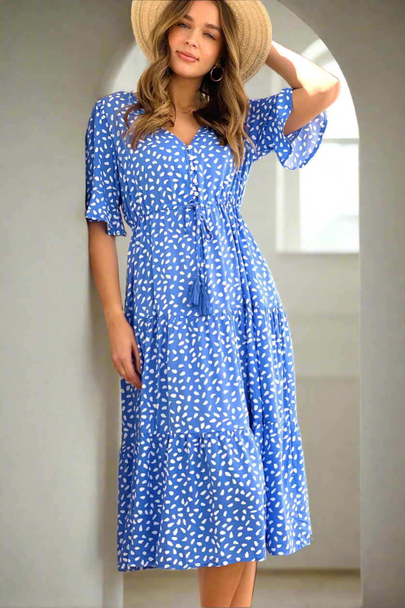 Jeannie Midi Spot Dress In Powder Blue