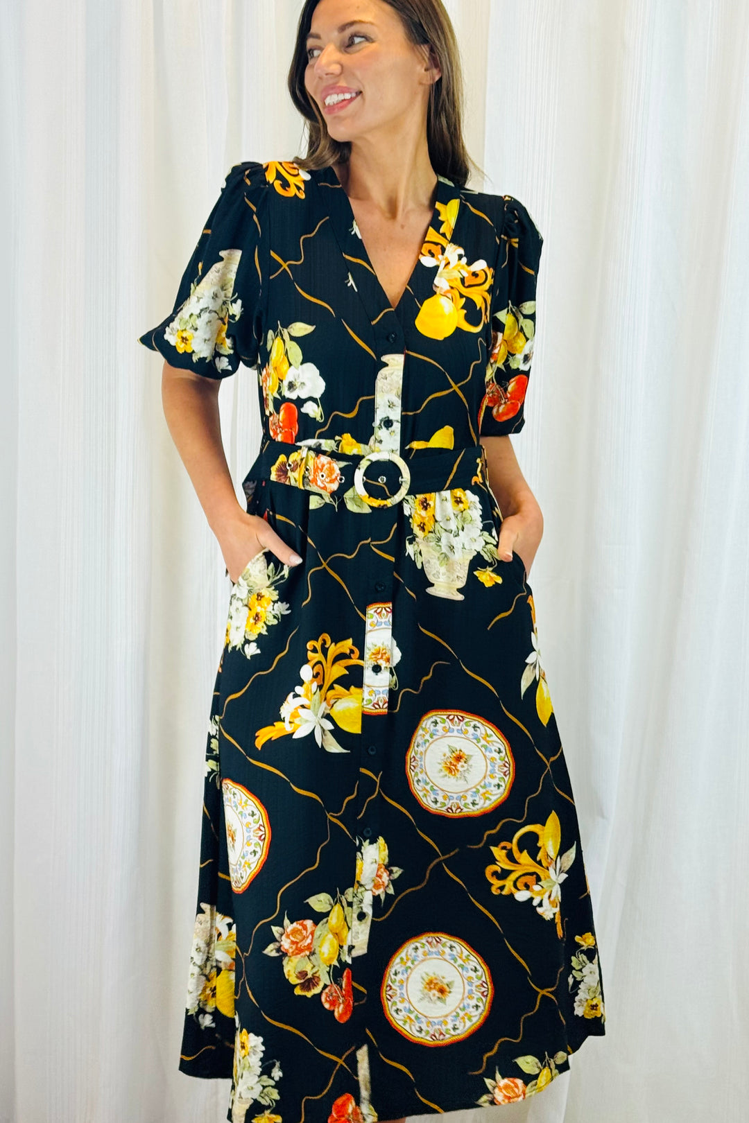 Giulia Lemon Print Dress in Black