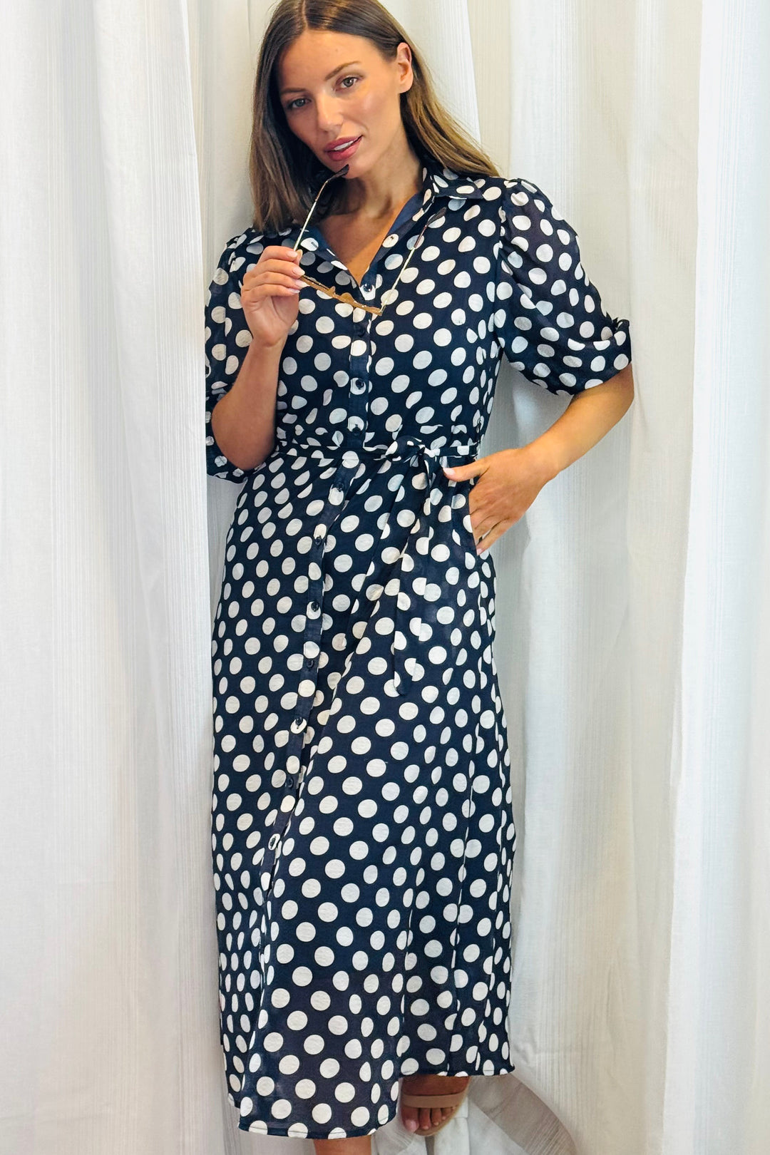 Fallon Shirt Dress In Navy and White Polka Dot-New Print