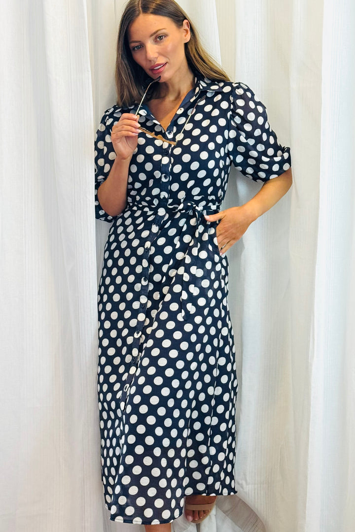 Fallon Shirt Dress In Navy and White Polka Dot-New Print