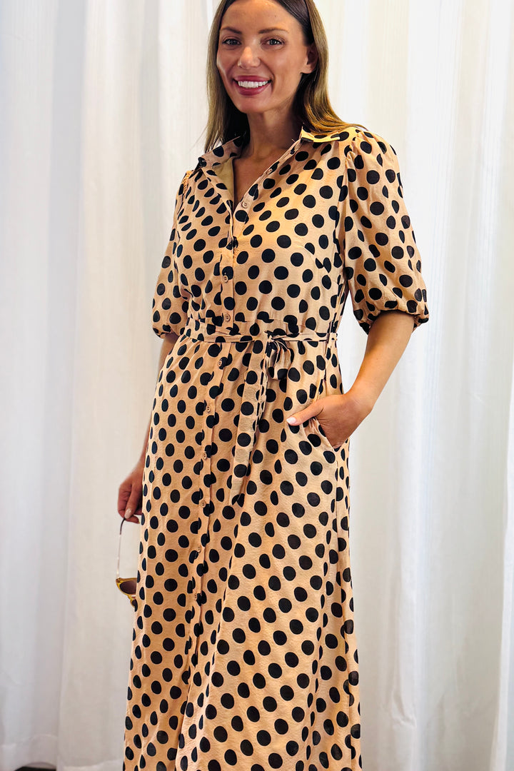 Fallon Polka Dot Shirt Dress in Tan