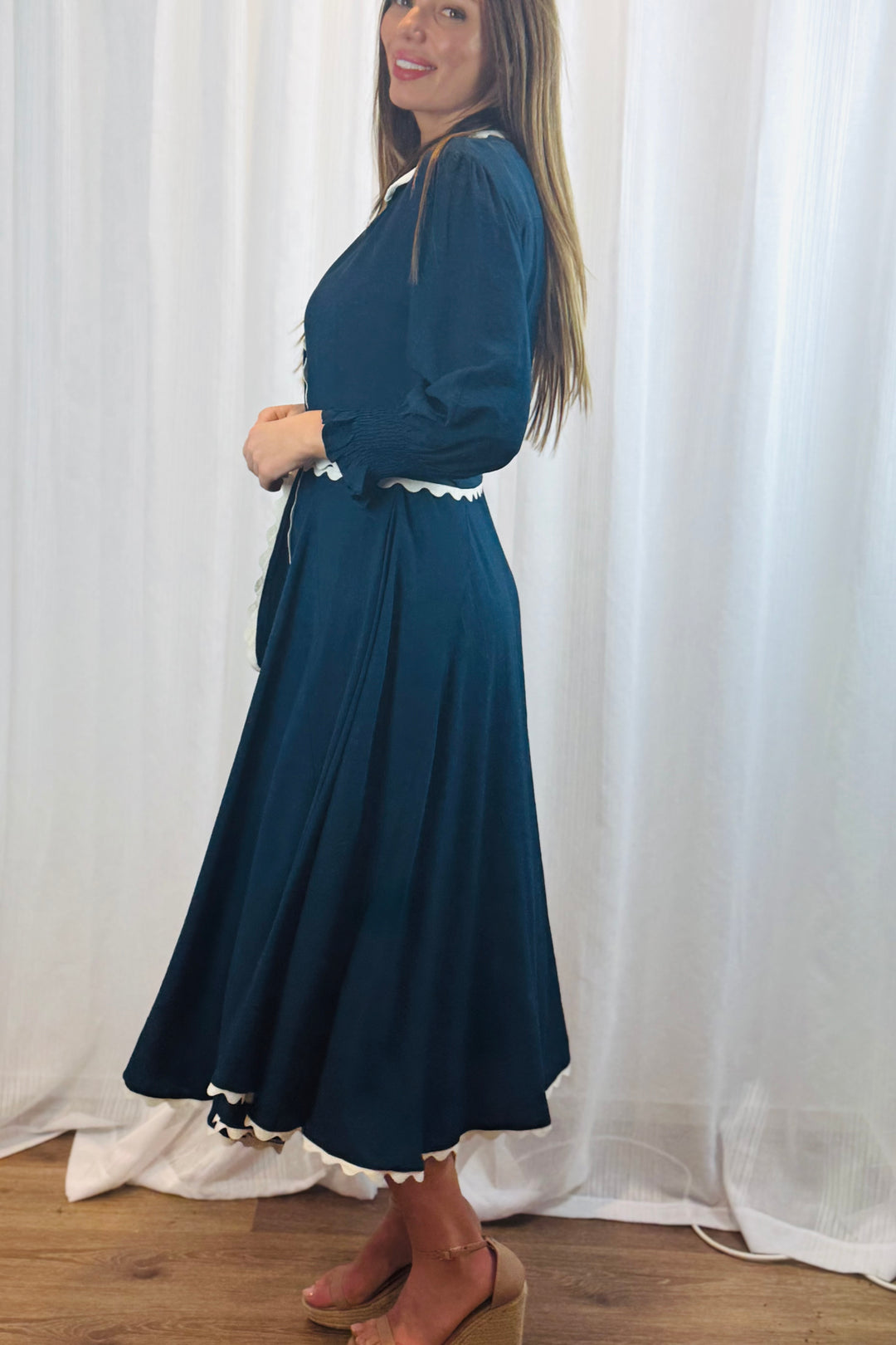 Shyla Dress in Navy with White Trimming