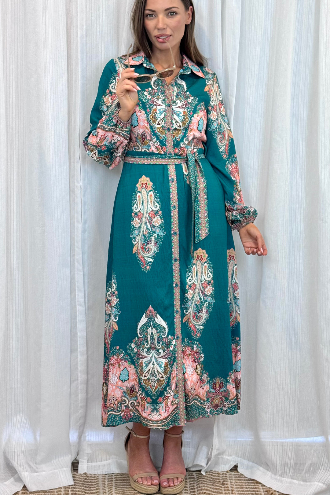 Gidget Dress  in Green Long Sleeve Print