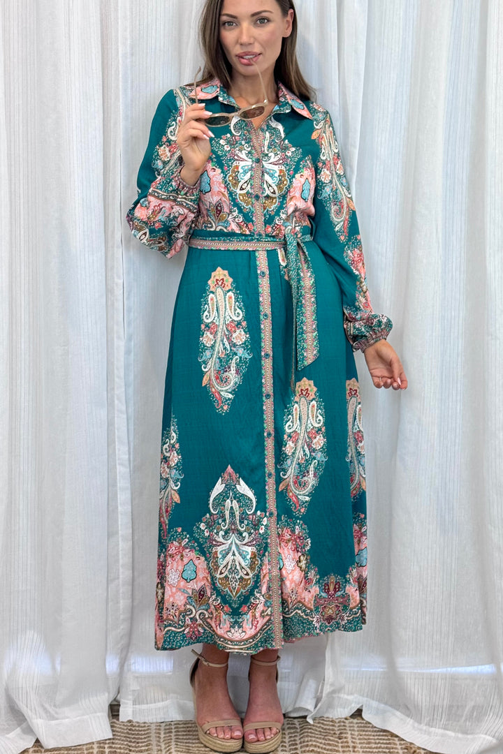 Gidget Dress  in Green Long Sleeve Print