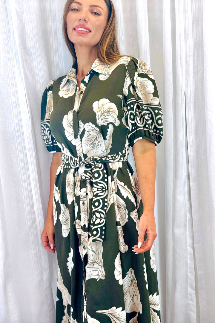 Pamela Multi Print Dress in Khaki