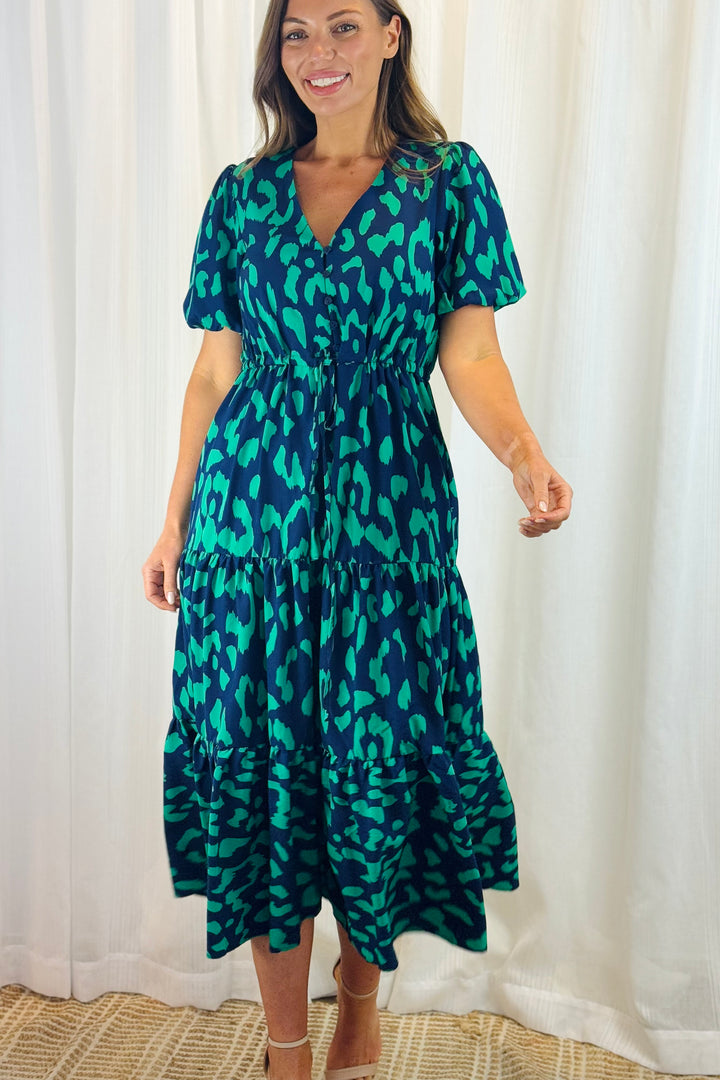 Molli Green and Navy Tiger Print Short Sleeve Dress