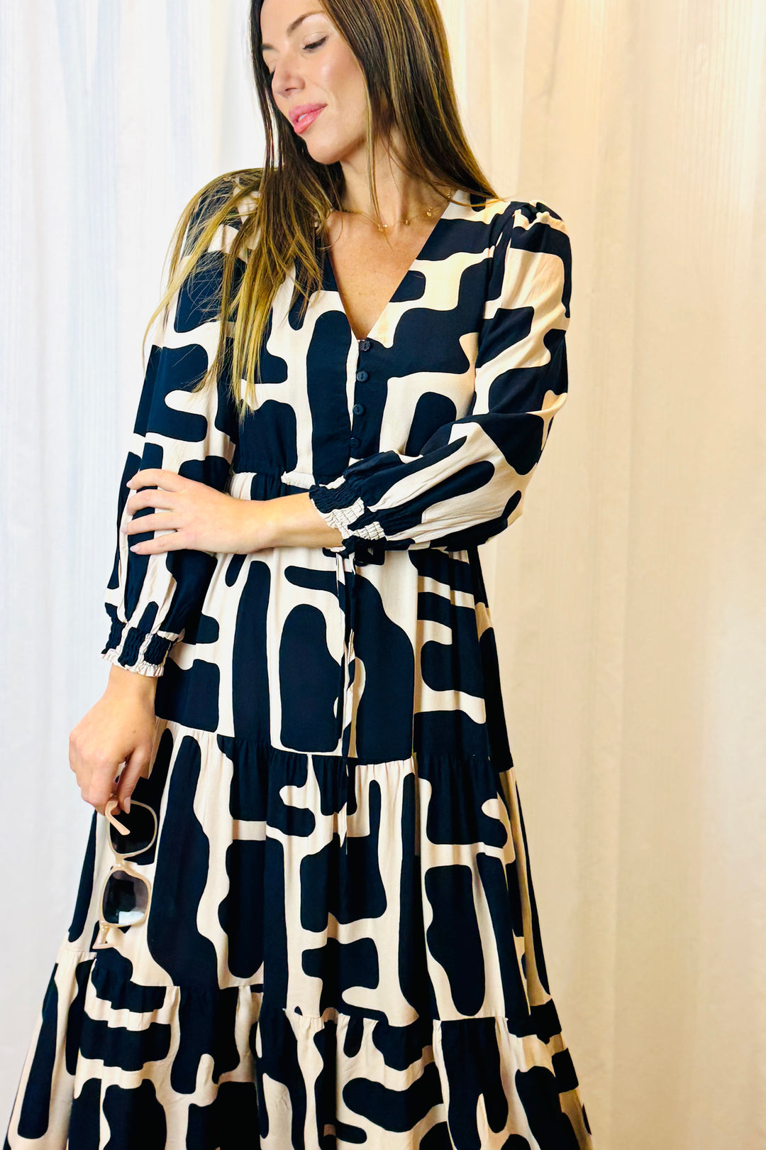 Santorini in Nude and Navy Long Sleeve Dress