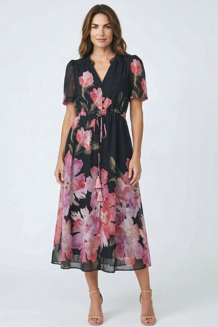Paula Black Floral Midi Dress