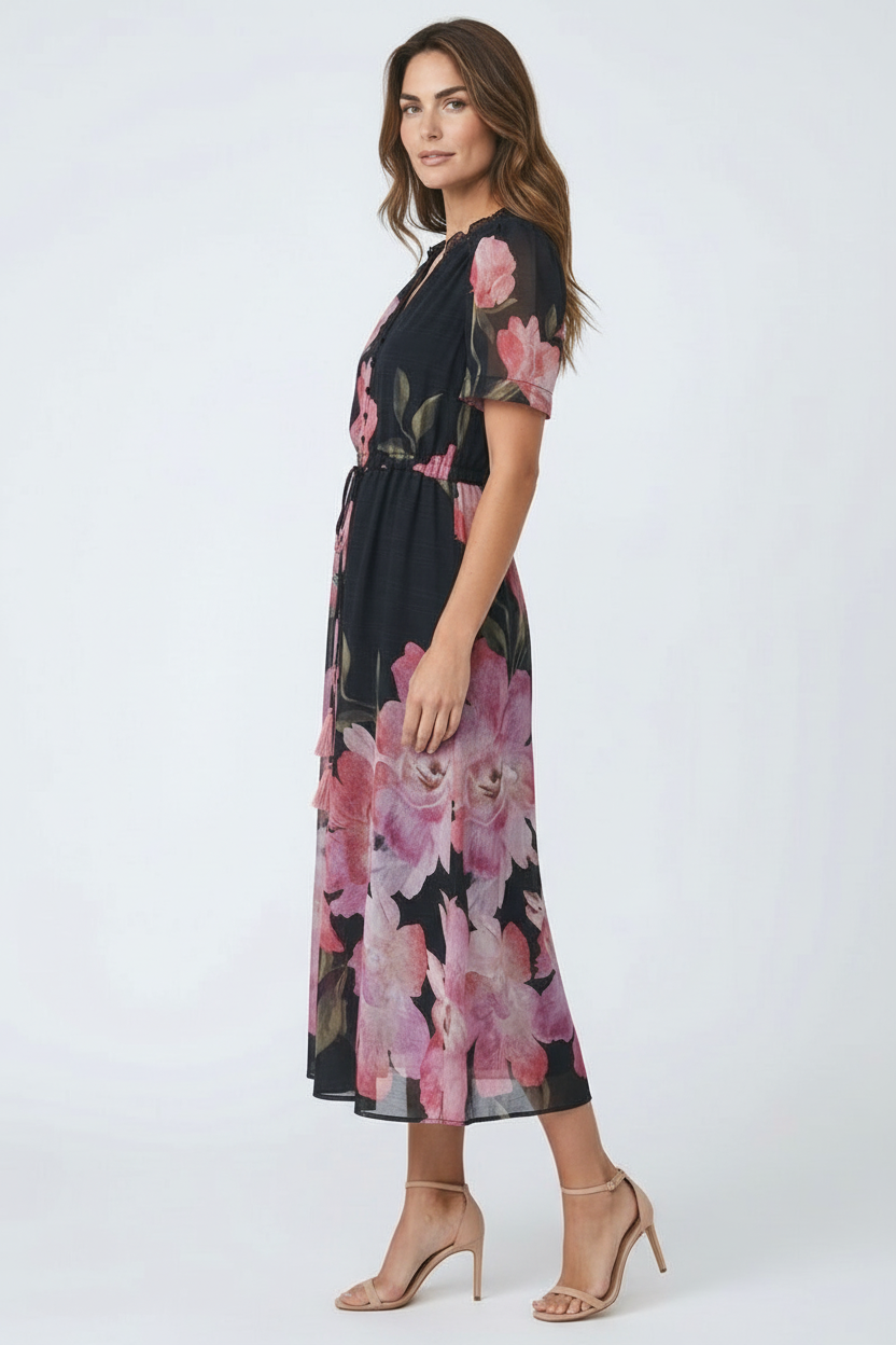 Paula Black Floral Midi Dress