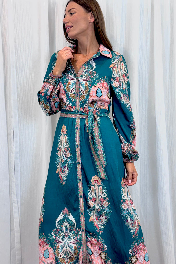 Gidget Dress  in Green Long Sleeve Print